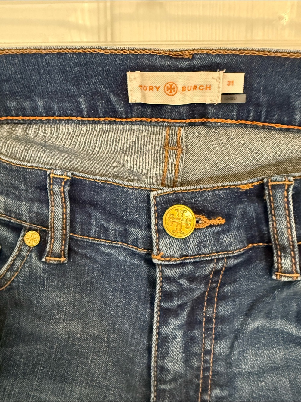 Tory Burch Dark Indigo High-Rise Straight Jeans with Gold Logo Hardware